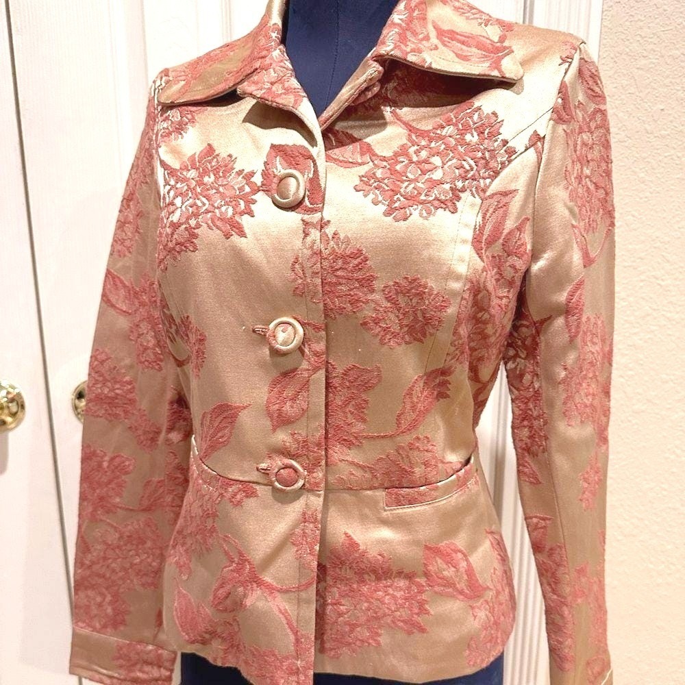 Women's Vintage Blazer Small Doki-Geki Rose Gold & Pink Floral Brocade Satin